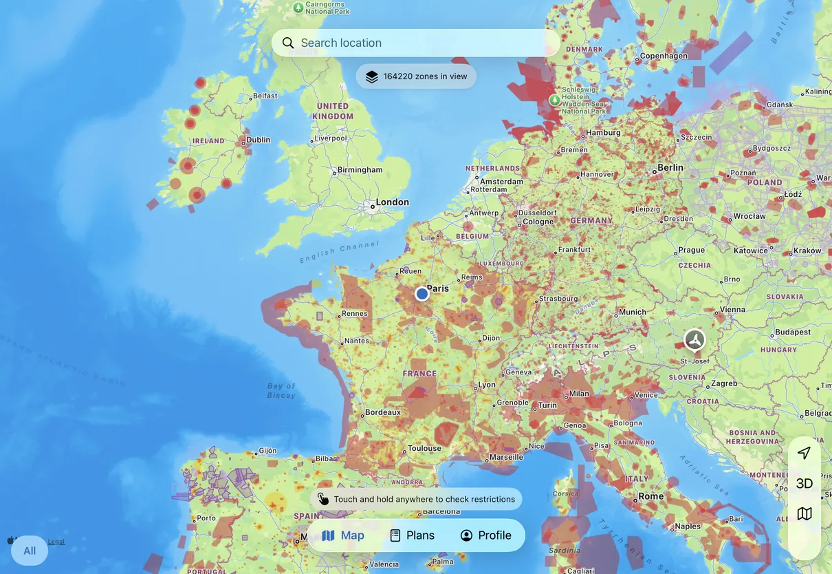 The Drone App on iPad: the map over western Europe, every published zone drawn in its colour.